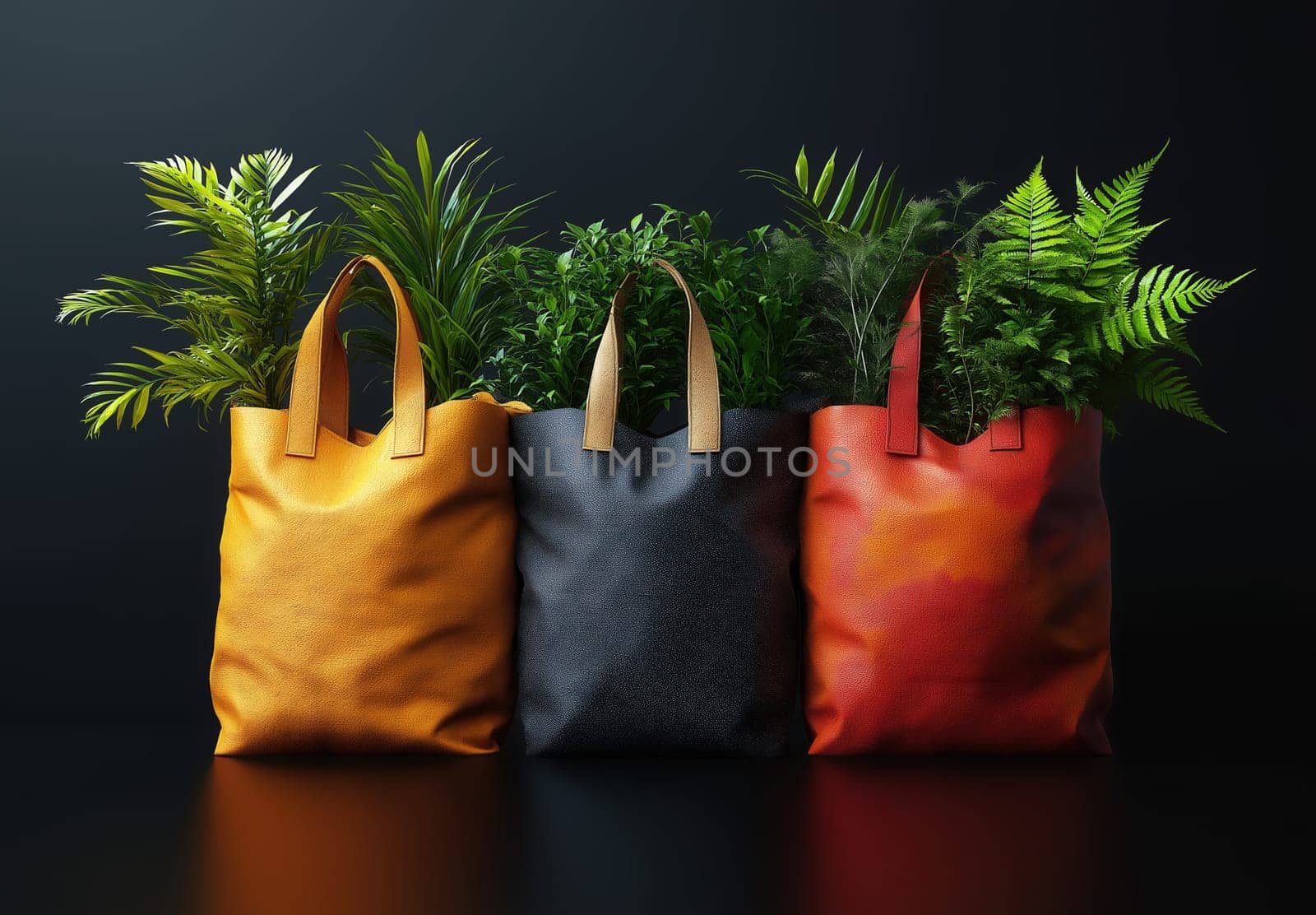 Bright bags with green plants on black background. Selective focus.