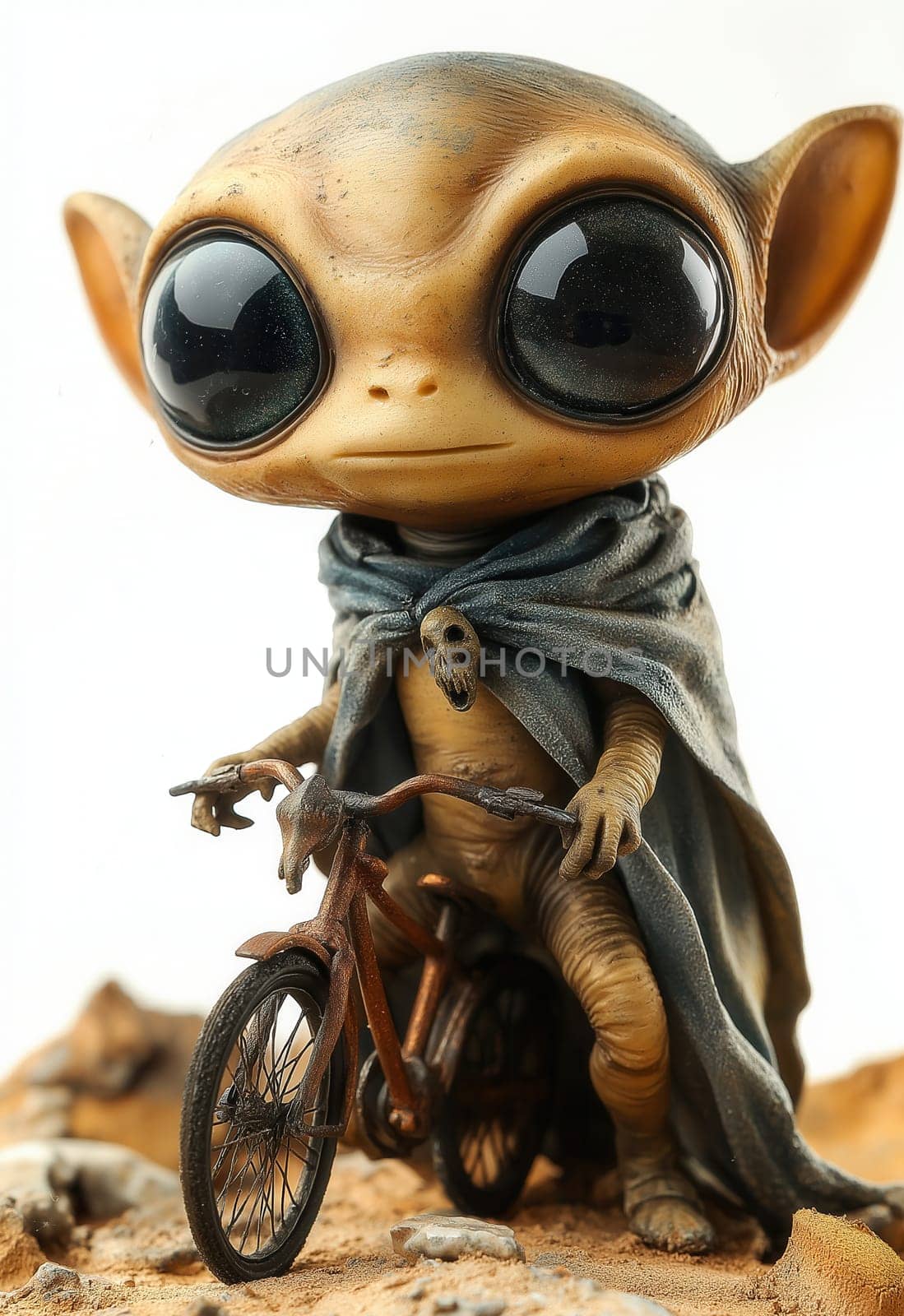 Whimsical alien with big eyes on a bicycle. Selective focus.