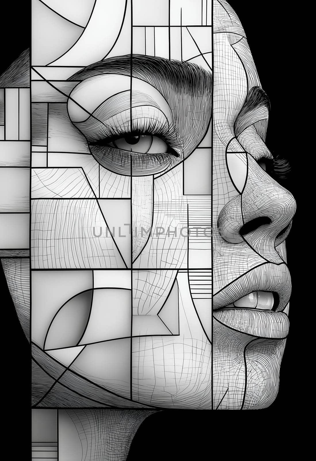 A woman's face with intricate line patterns in monochrome.Selective focus.