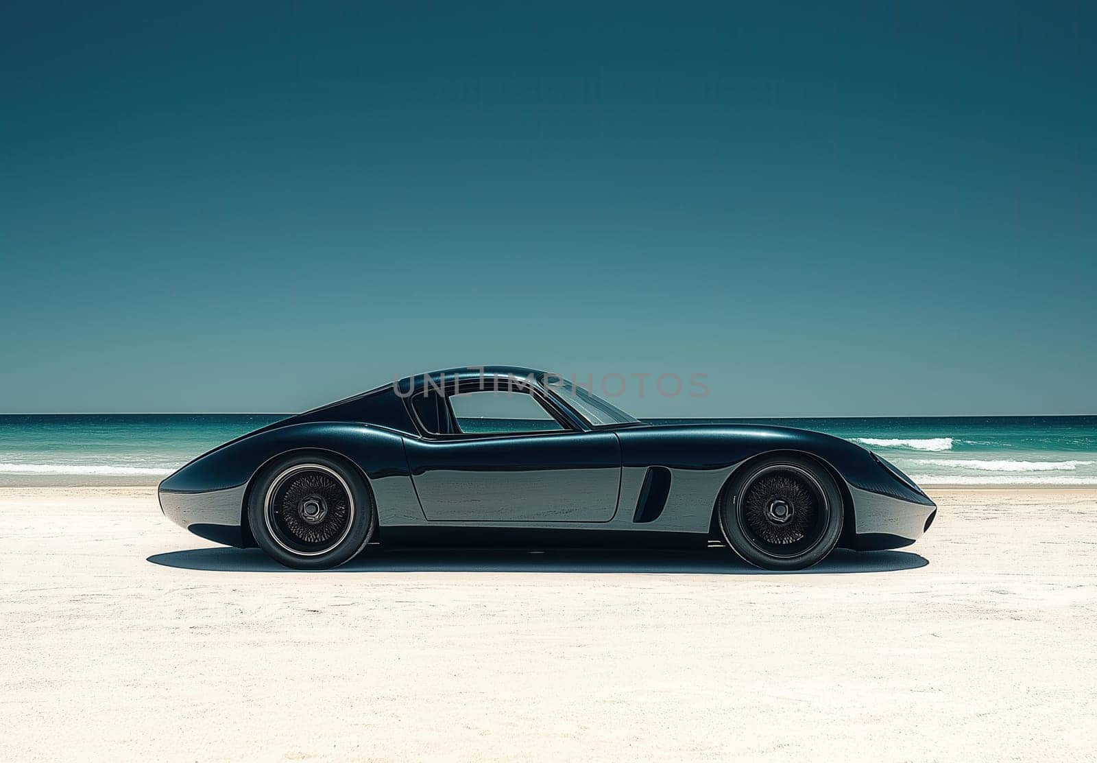 A car is standing on the white sand on the seashore. Selective focus.