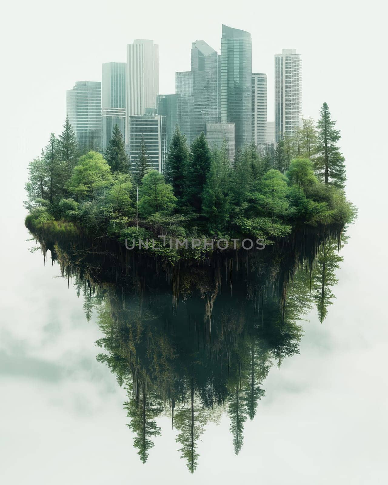 Ecology and environmental protection. Creative landscape with city. Selective focus.