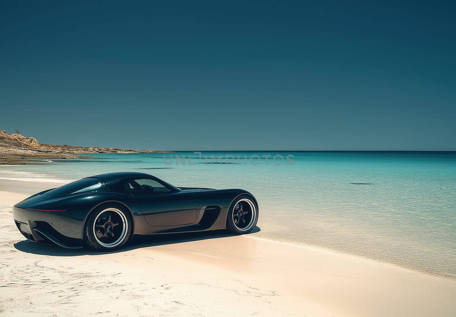 A car is standing on the white sand on the seashore. Selective focus.