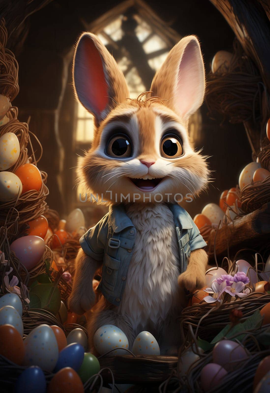 Cartoon Easter bunny and colorful eggs. Selective focus.