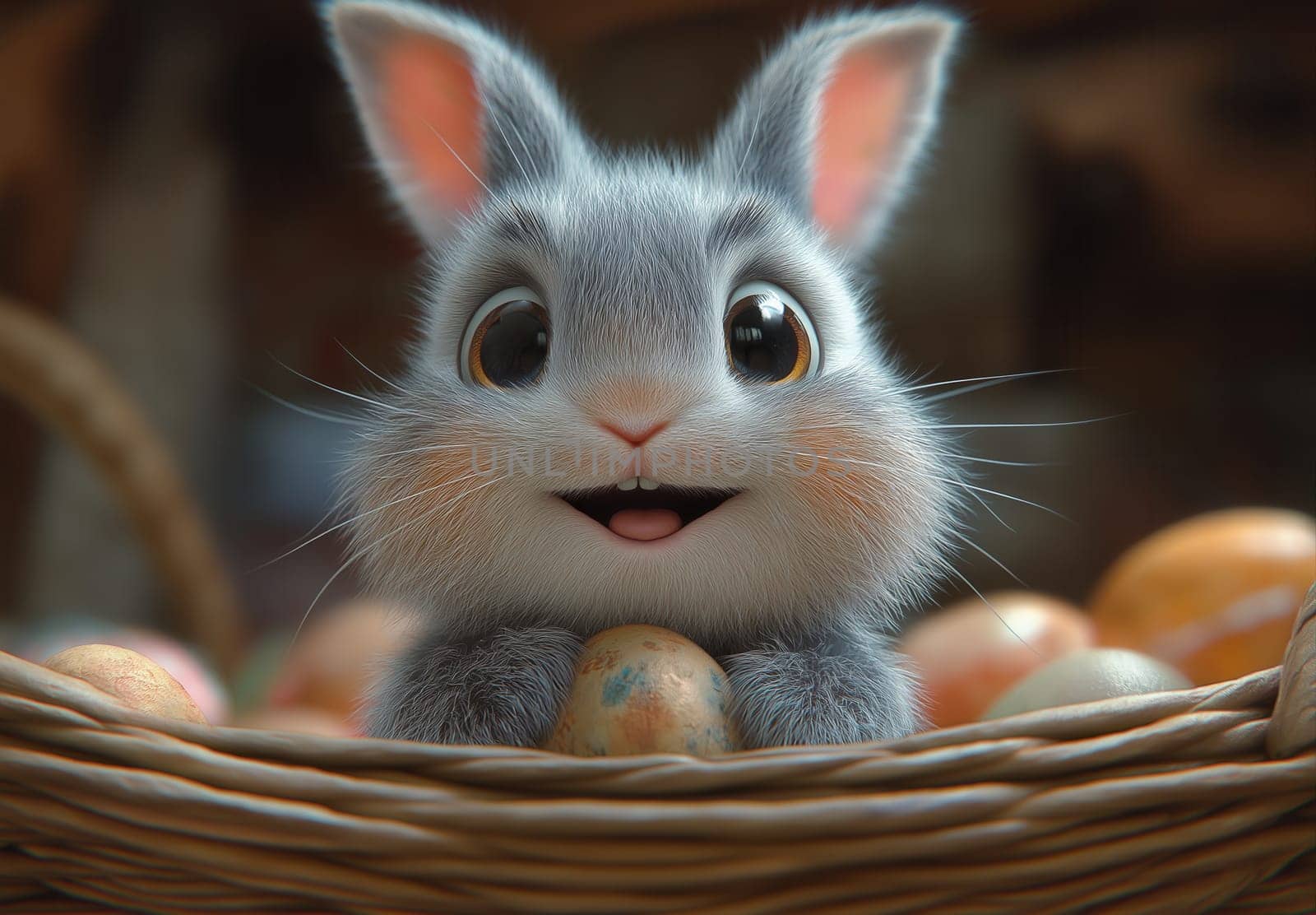 Cartoon Easter bunny and colorful eggs. Selective focus.