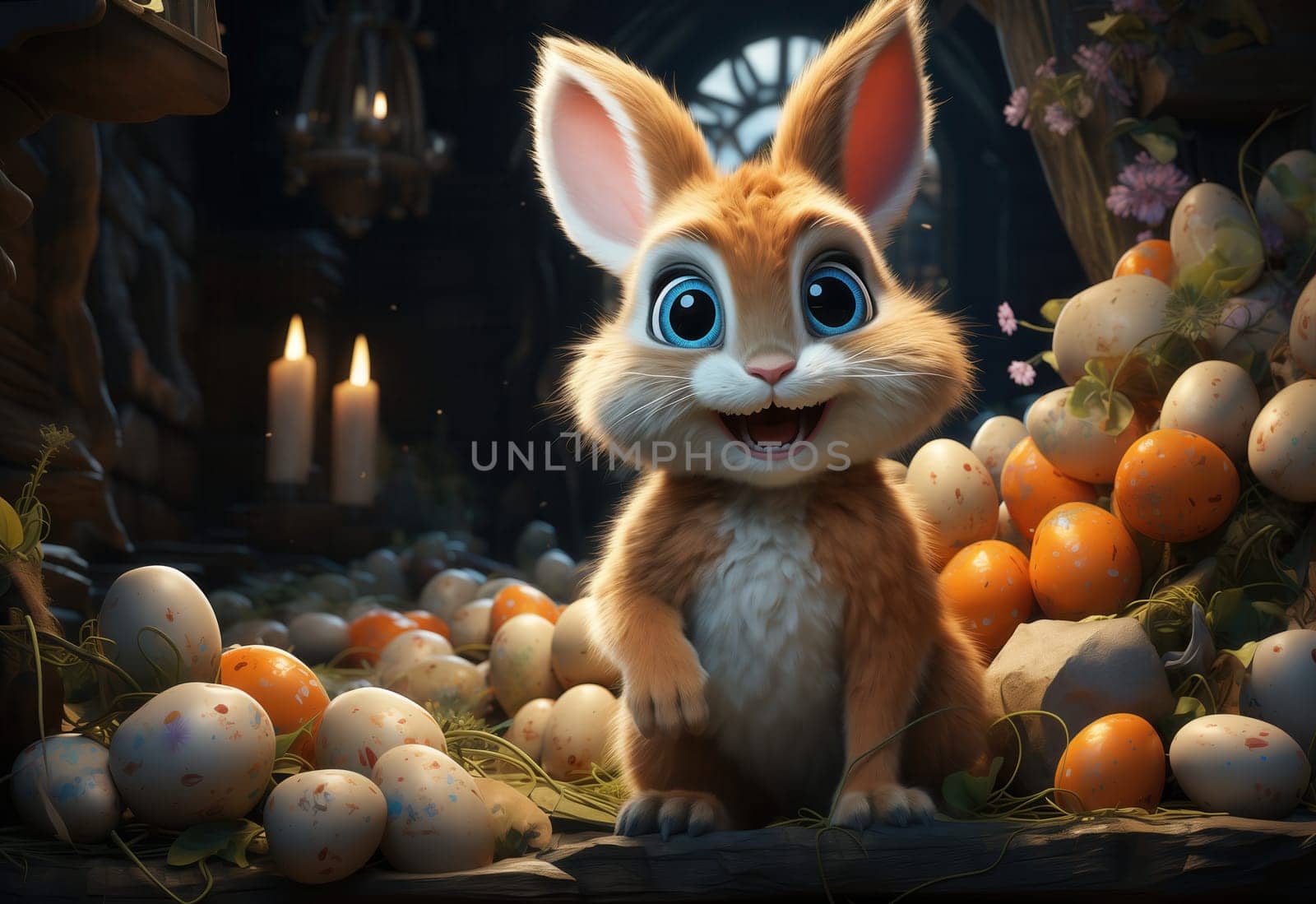 Cartoon Easter bunny and colorful eggs. Selective focus.