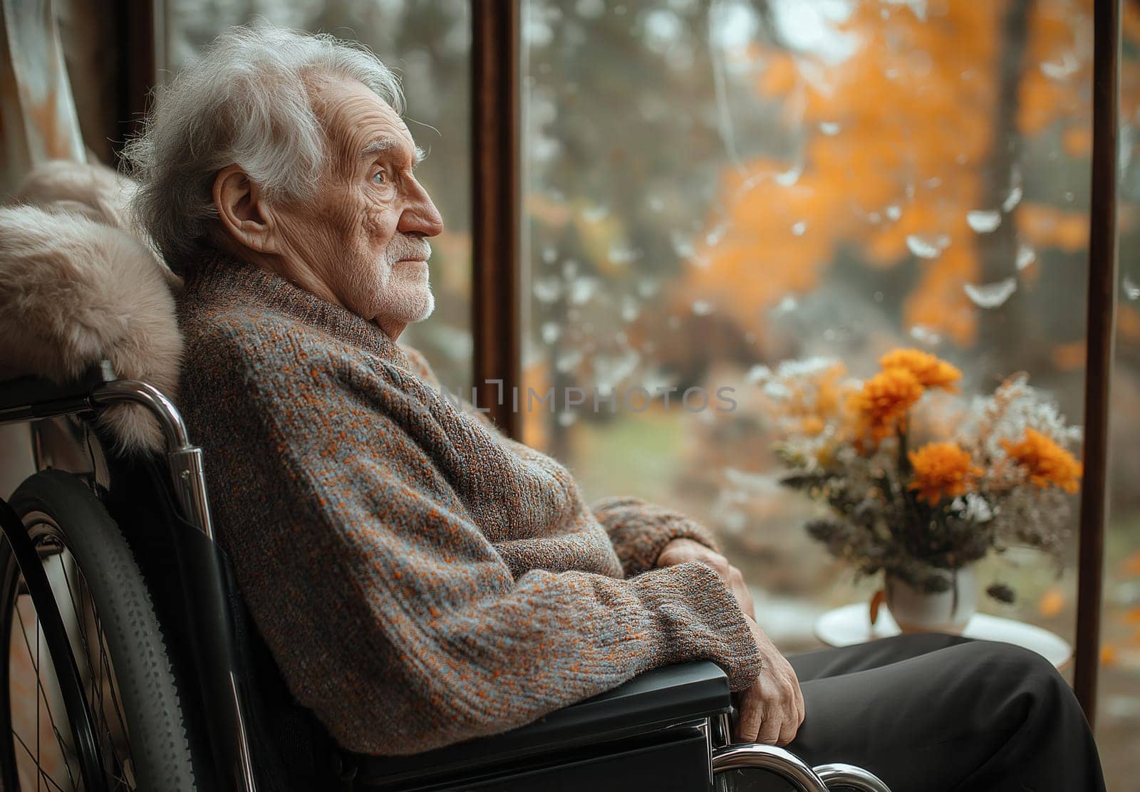 An elderly man sits in a wheelchair looking into the distance. Selective focus.