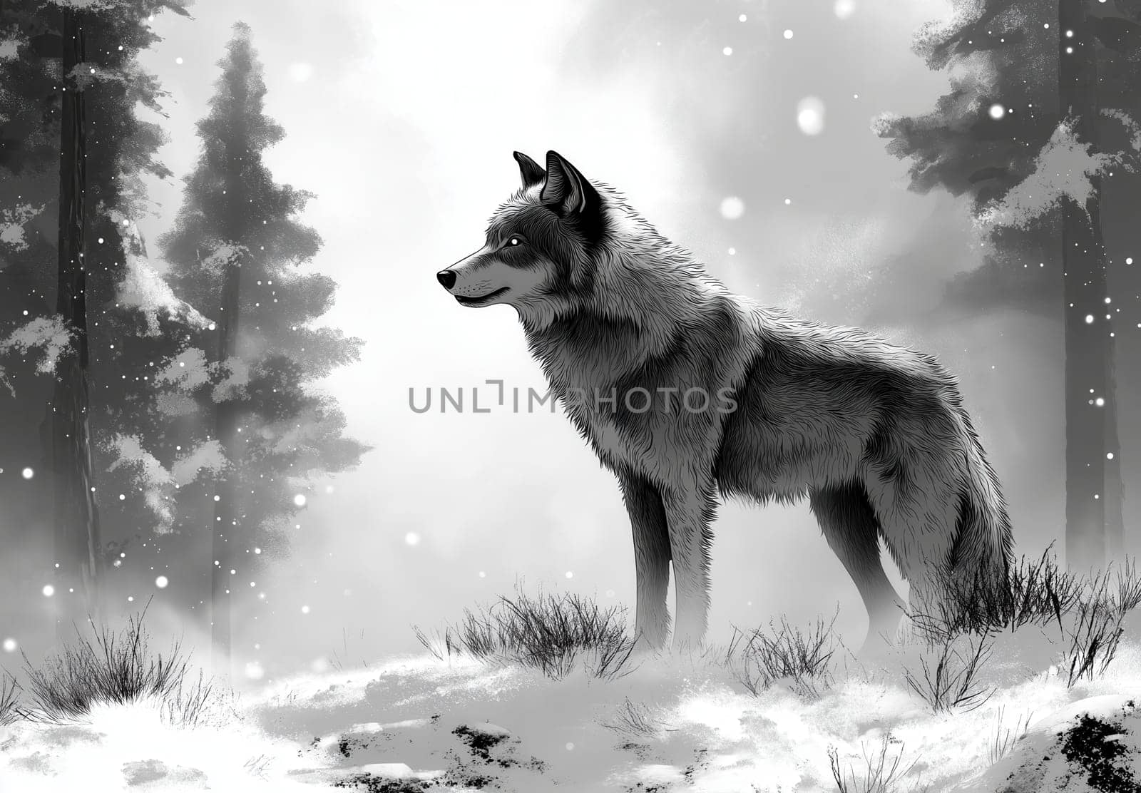 Black and white illustration of a lone wolf in a winter forest. Selective focus.