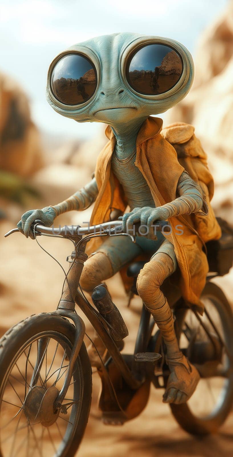 Whimsical alien with big eyes on a bicycle. Selective focus.