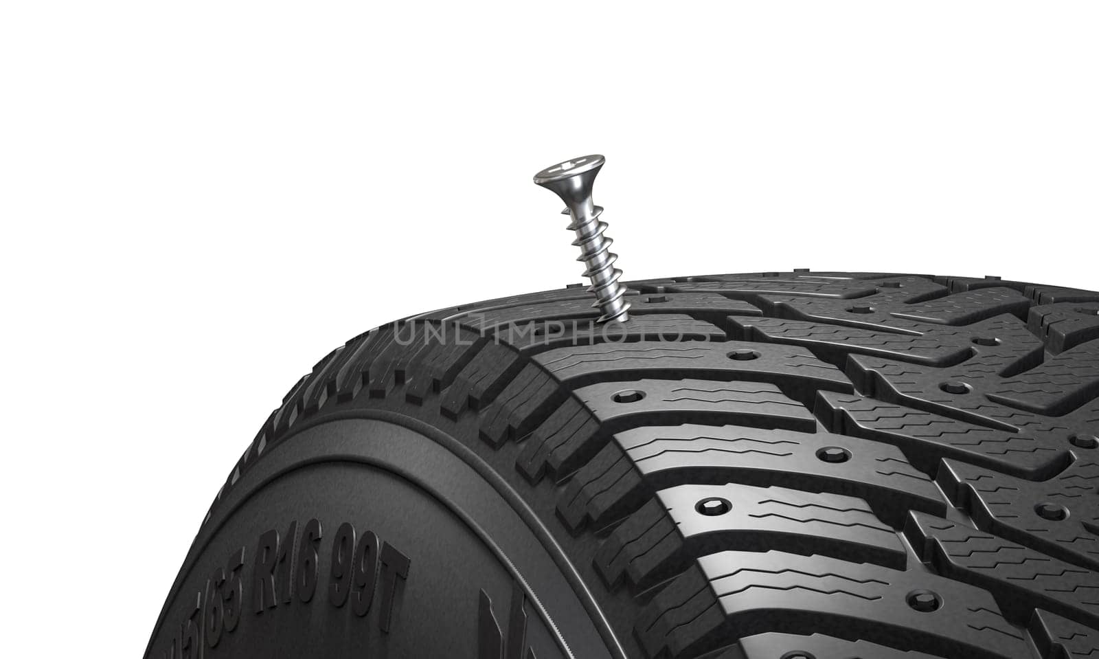 Winter car tire  punctured by  screw causing  problem. isolated 3d background