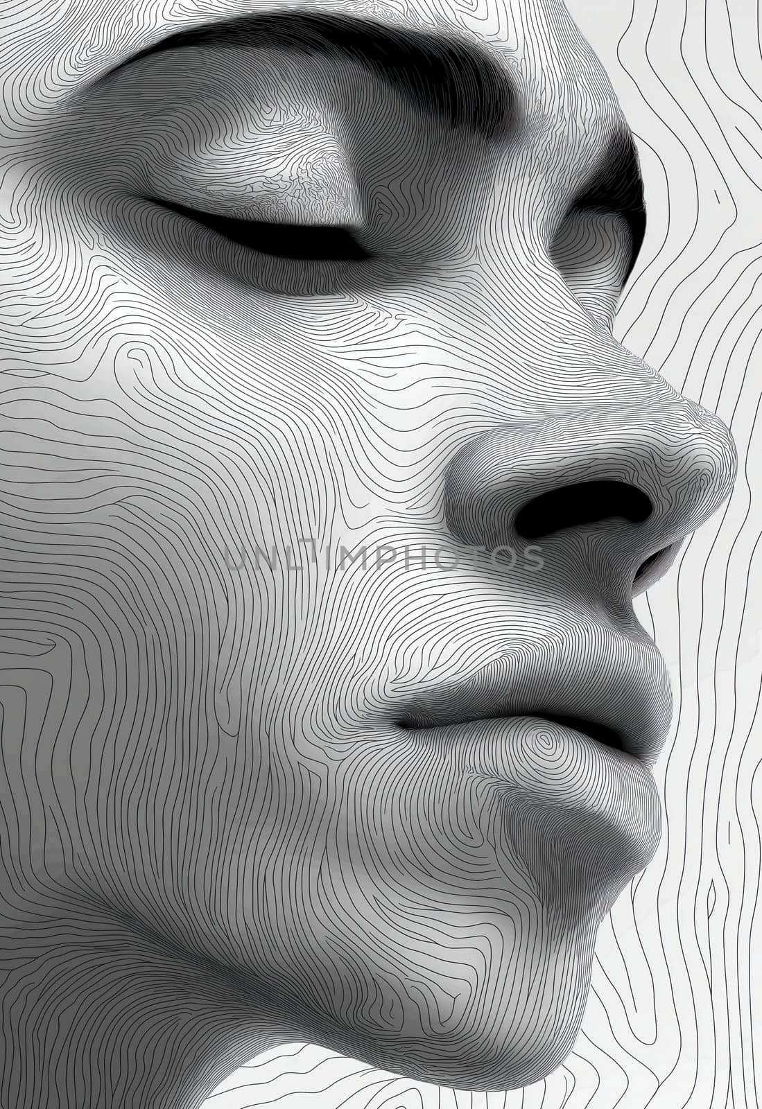 A woman's face with intricate line patterns in monochrome.Selective focus.
