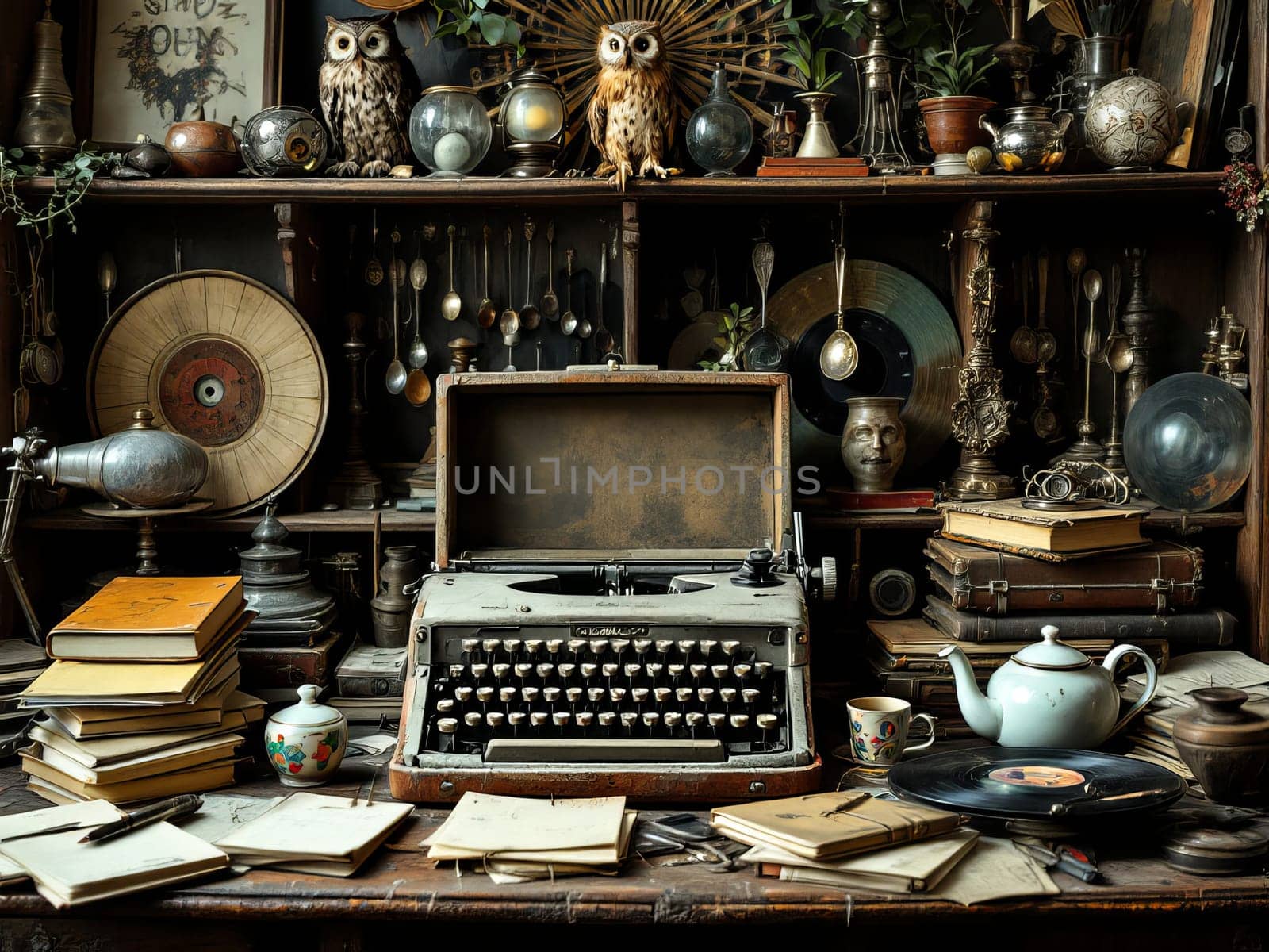 Old typewriter placed on a messy desk full of vintage objects and curiosities, suggesting a writer's workspace in a nostalgic atmosphere. Ai generated