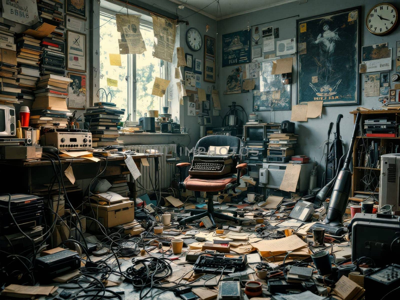 Chaotic workplace of a writer featuring an old typewriter, piles of books and papers, and various vintage electronics. Ai generated