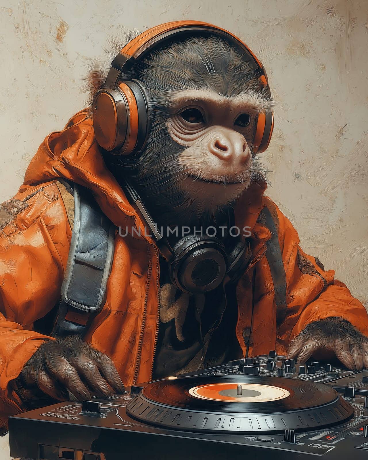 Serious monkey DJ in headphones. Selective focus.