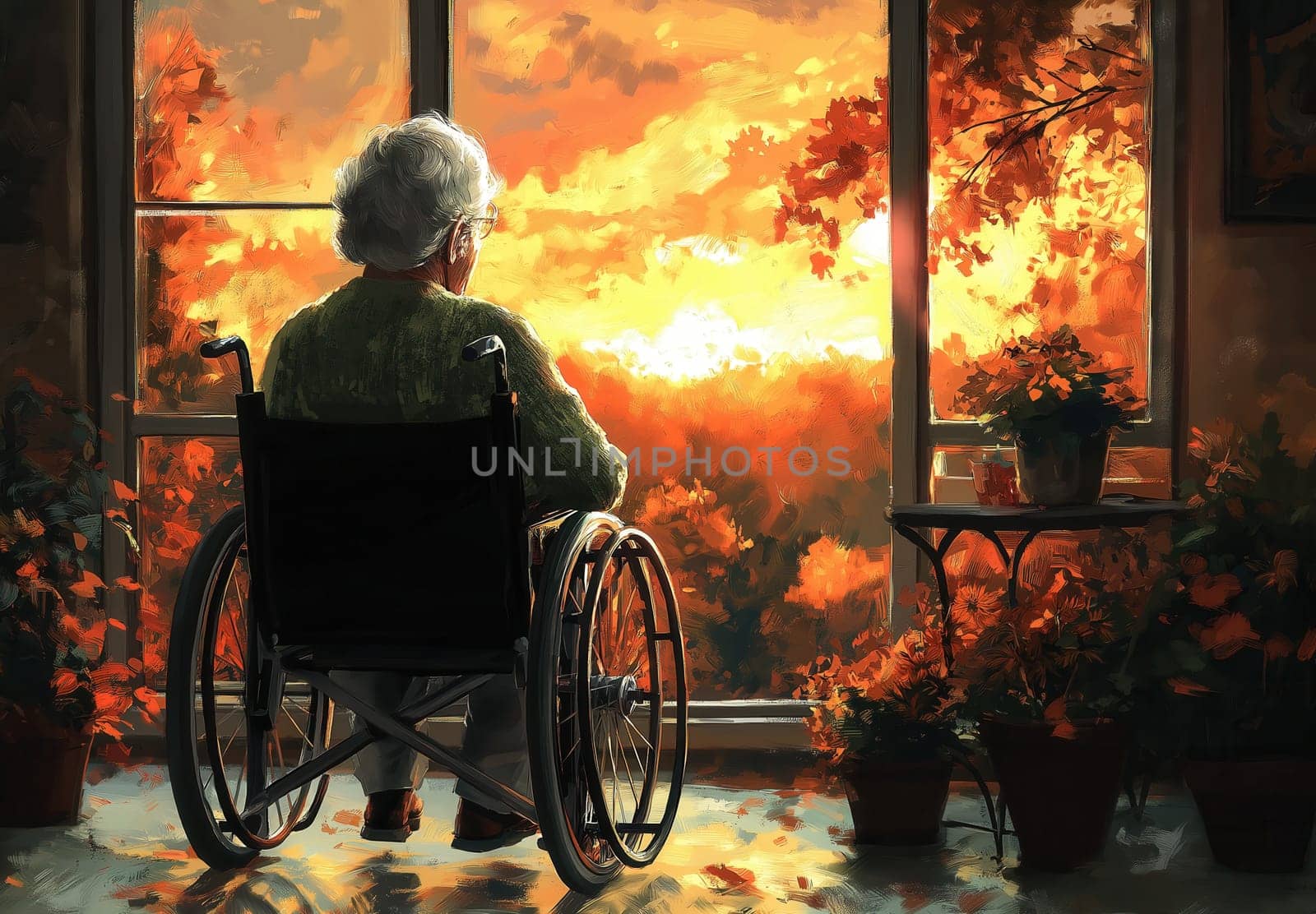 An elderly woman sits in a wheelchair looking out the window. Selective focus.