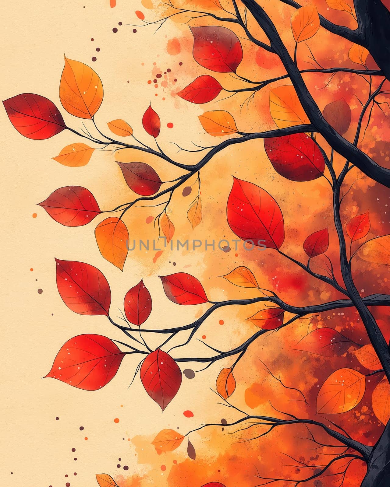 Illustration of tree with autumn leaves. Selective focus.