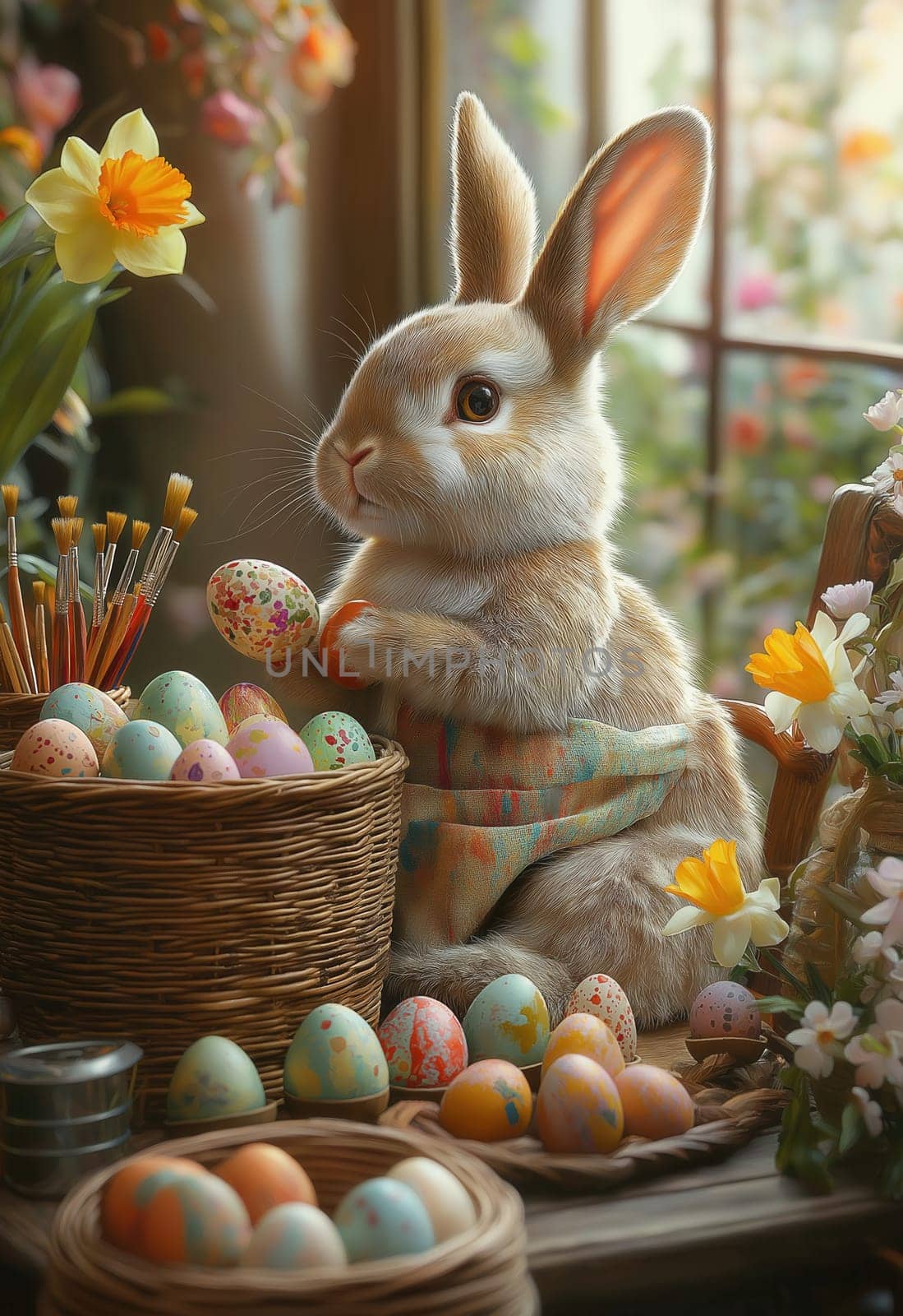 Cartoon Easter bunny paints eggs for the holiday. Selective focus.