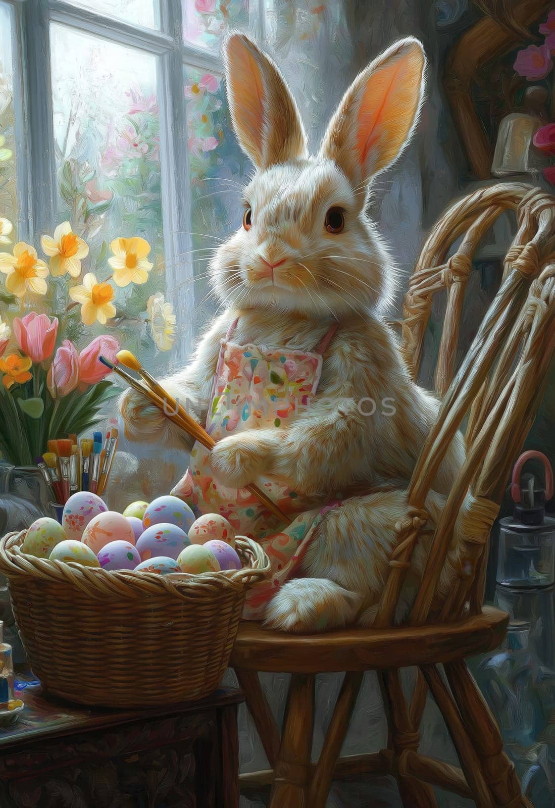 Cartoon Easter bunny paints eggs for the holiday. Selective focus.