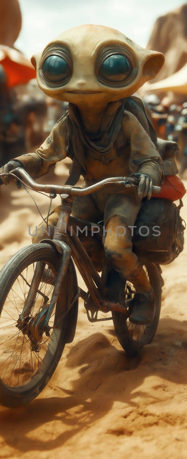 Whimsical alien with big eyes on a bicycle. Selective focus.