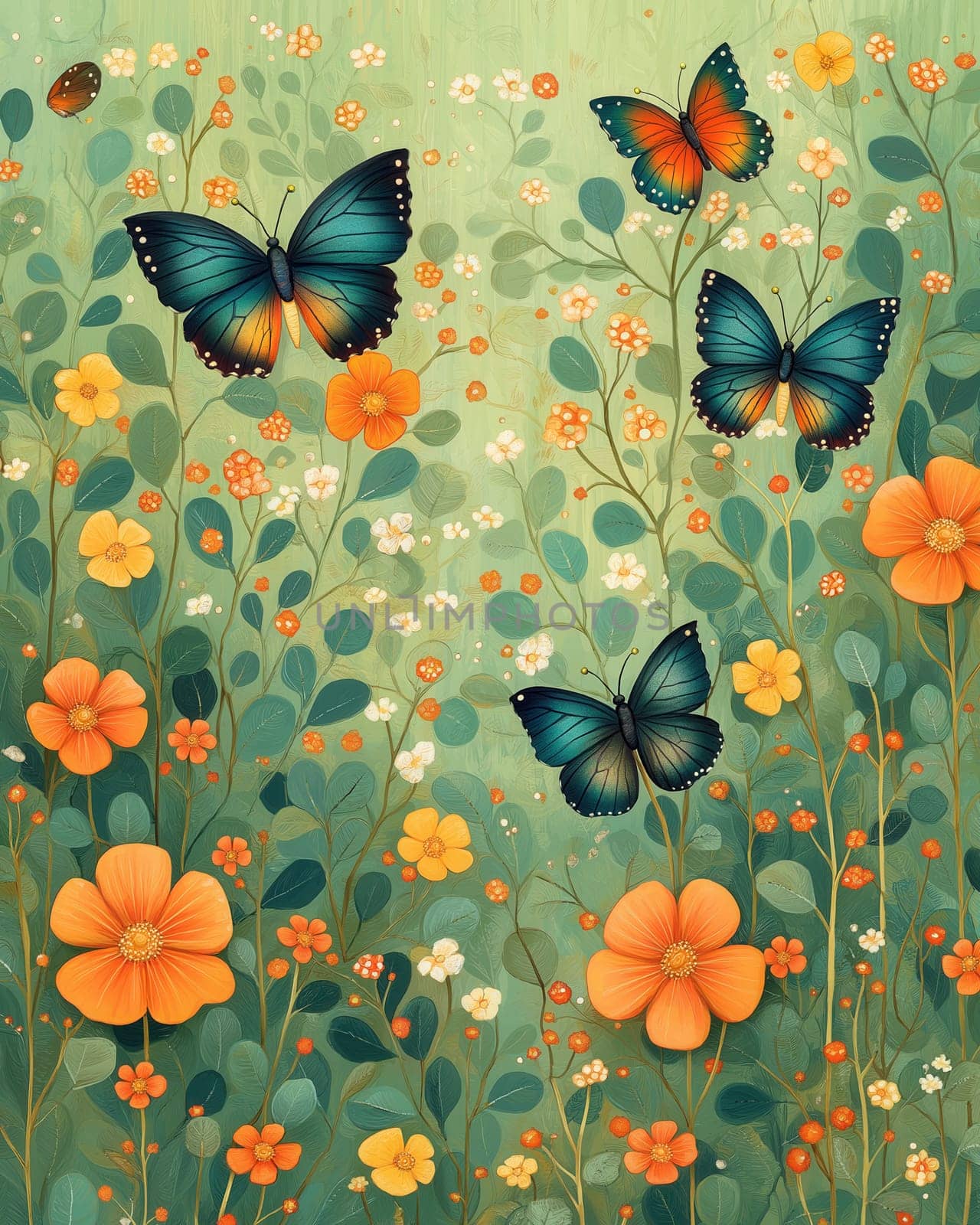Butterflies fly over flowers on a green background. Selective focus. Selective focus.