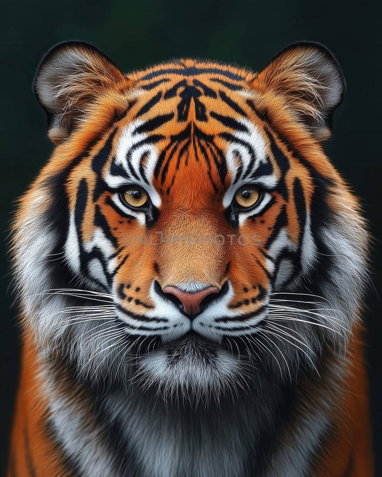 Tiger looking forward on a dark background. Selective focus.