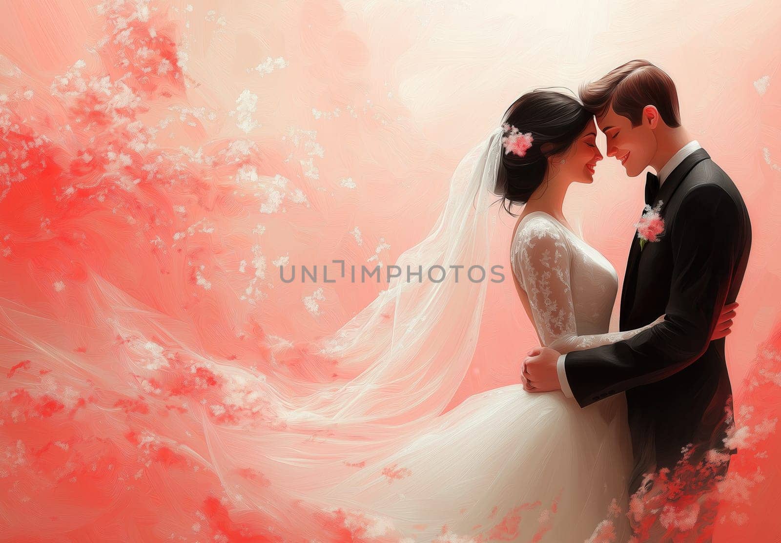 Illustration of a bride and groom on a pink background. Selective focus.