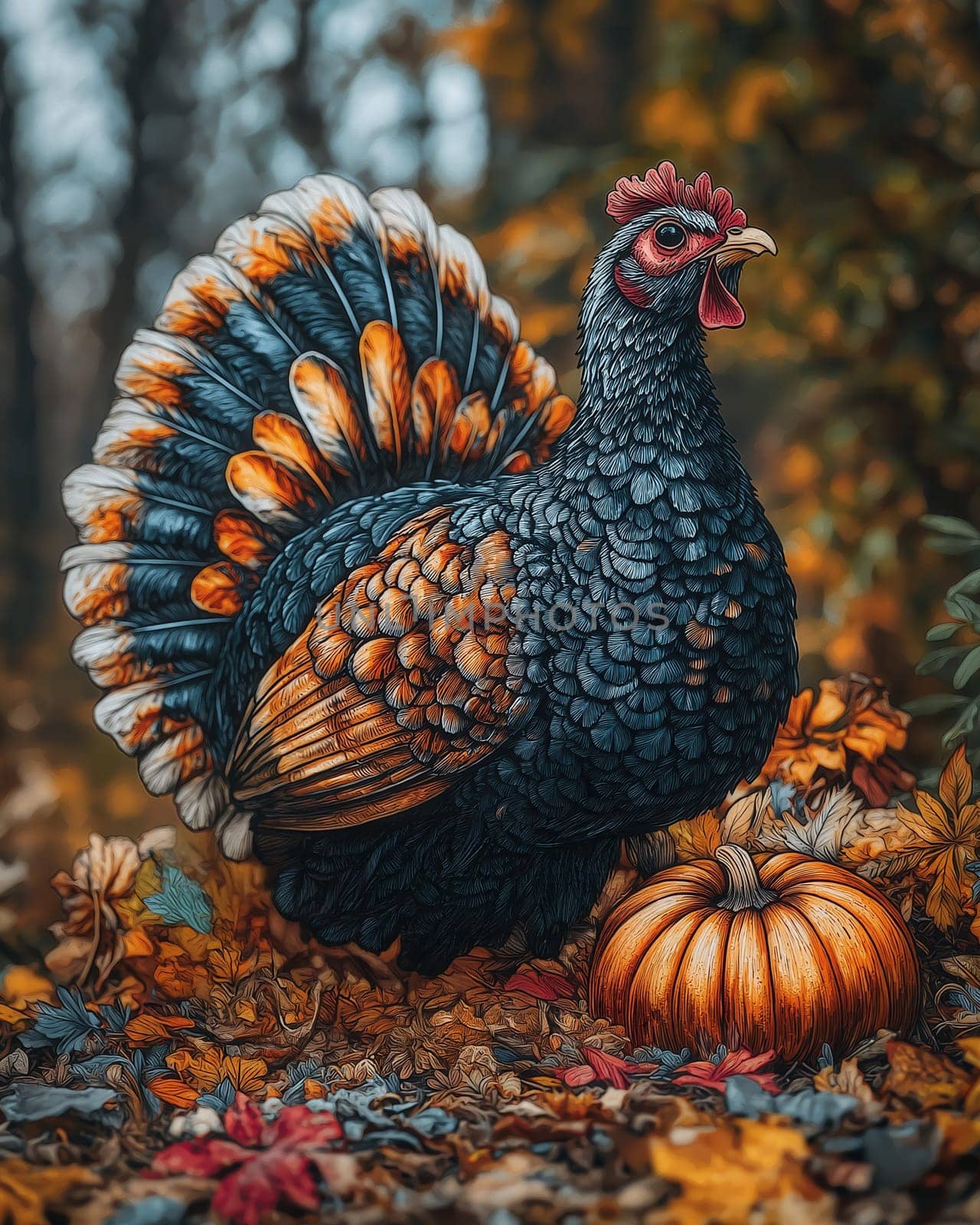 Colorful turkey standing near a pumpkin in a natural landscape. Selective focus.