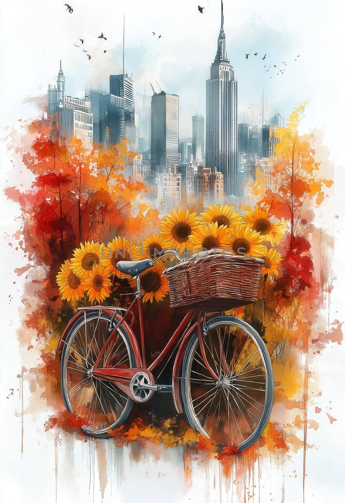 Bike with basket on cityscape and sunflowers background. Selective focus.