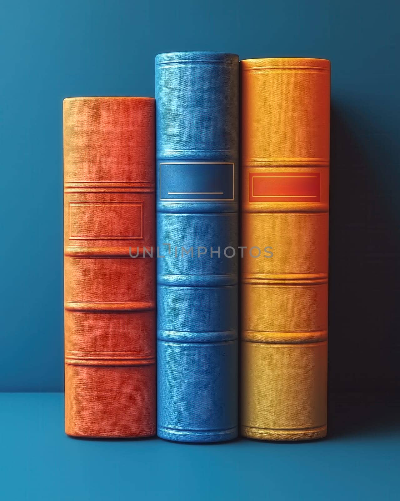 3d colored books stand on a blue background. Selective focus.