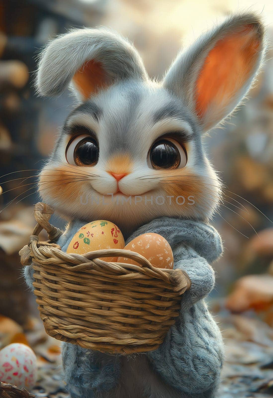 Cartoon Easter bunny and colorful eggs. Selective focus.