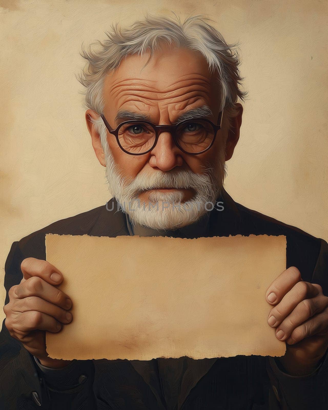 Gray-haired man holding blank form. Selective focus.