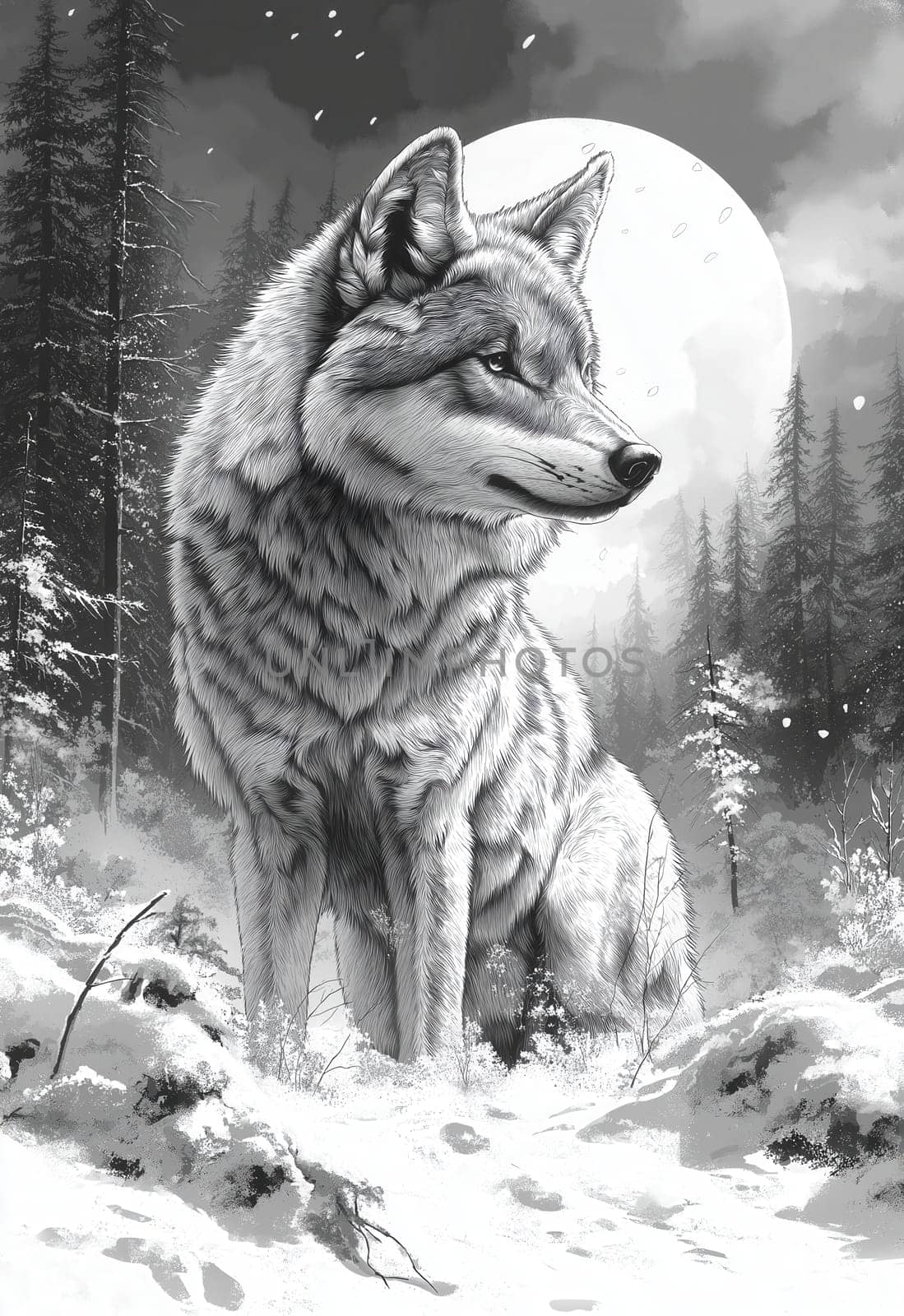 Black and white illustration of a lone wolf in a winter forest. Selective focus.