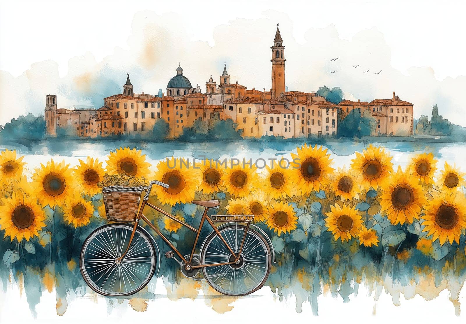 Bike with basket on cityscape and sunflowers background. Selective focus.