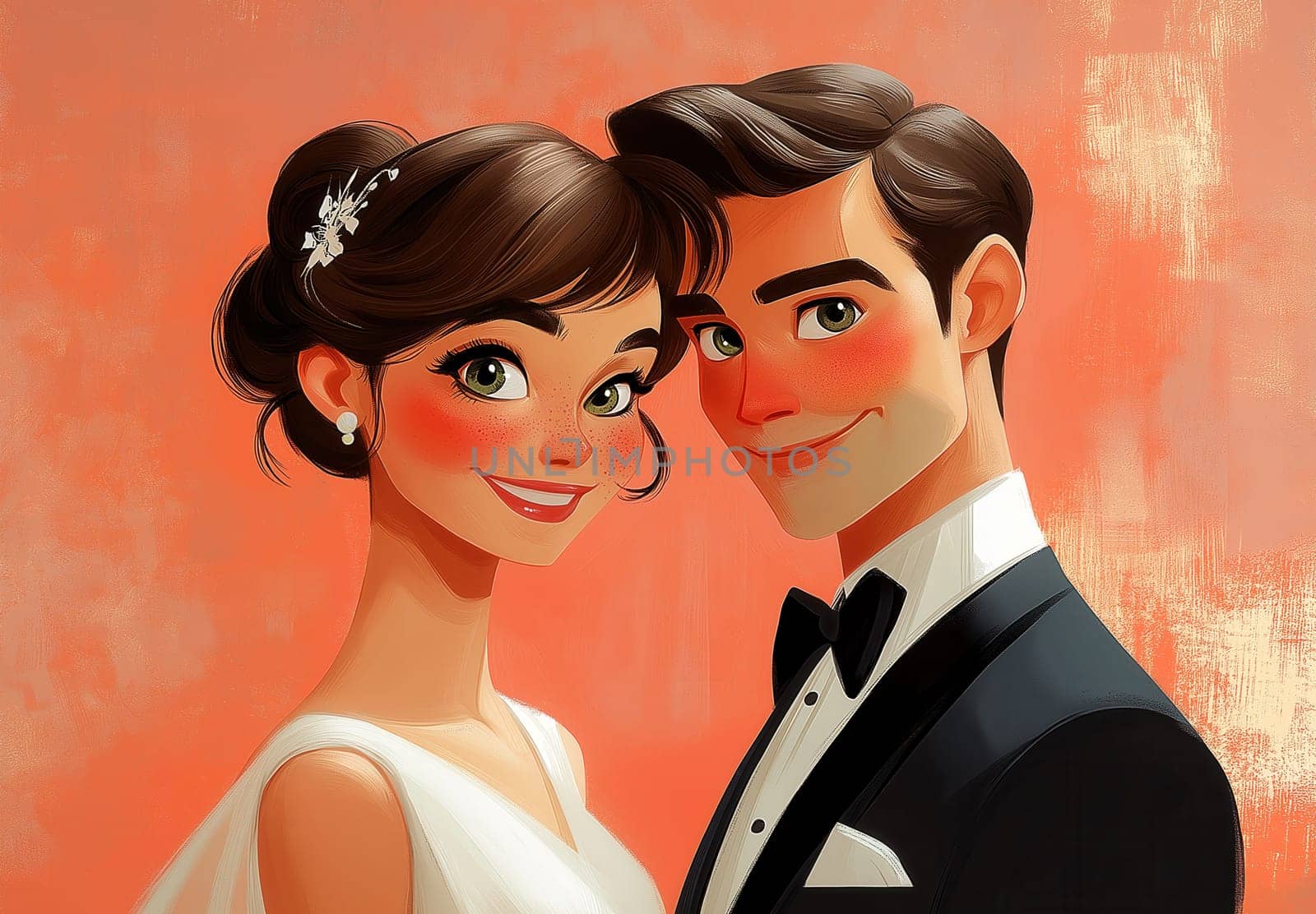 Illustration of a bride and groom on a pink background. Selective focus.
