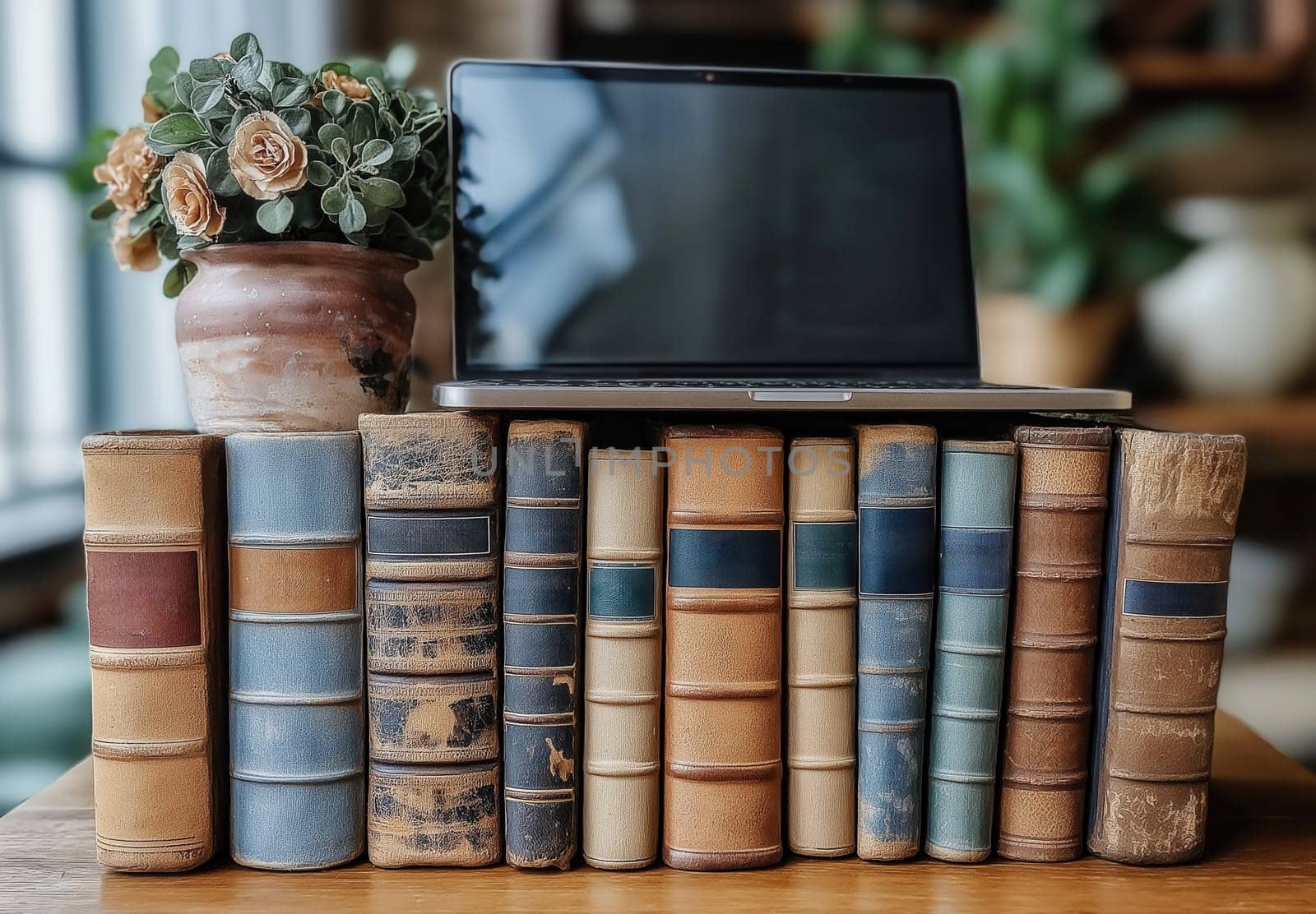 Tablet lying on books, demonstrating fusion of traditional and digital reading. Selective focus.