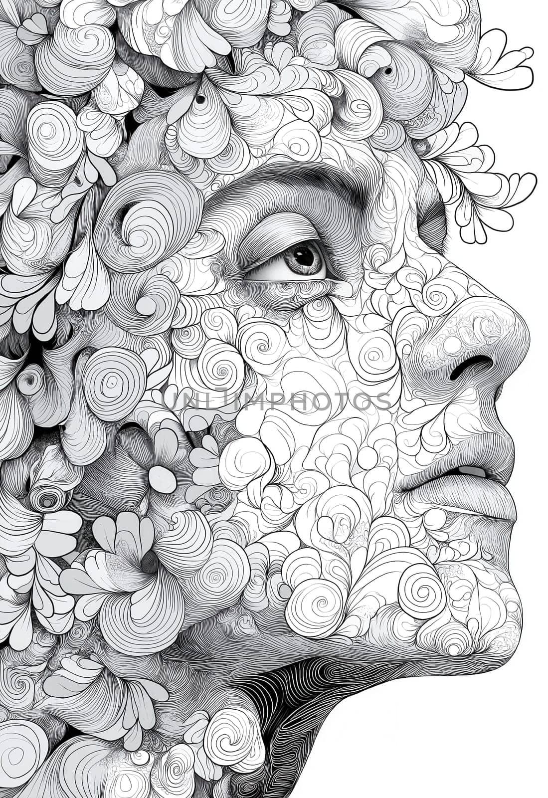 A woman's face with intricate line patterns in monochrome.Selective focus.