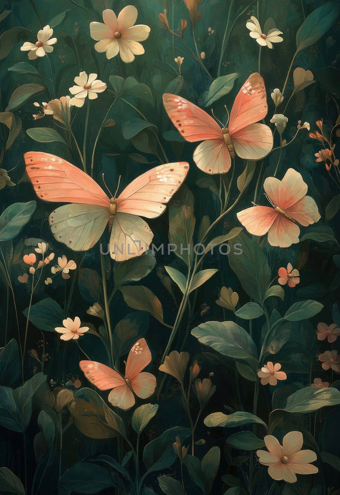 Butterflies fly over flowers on a green background. Selective focus. Selective focus.