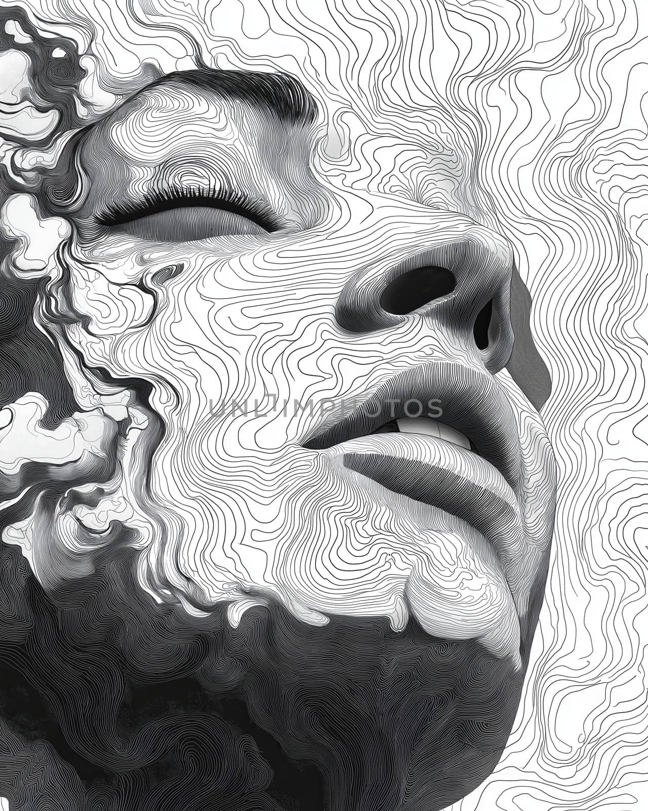 A woman's face with intricate line patterns in monochrome.Selective focus.