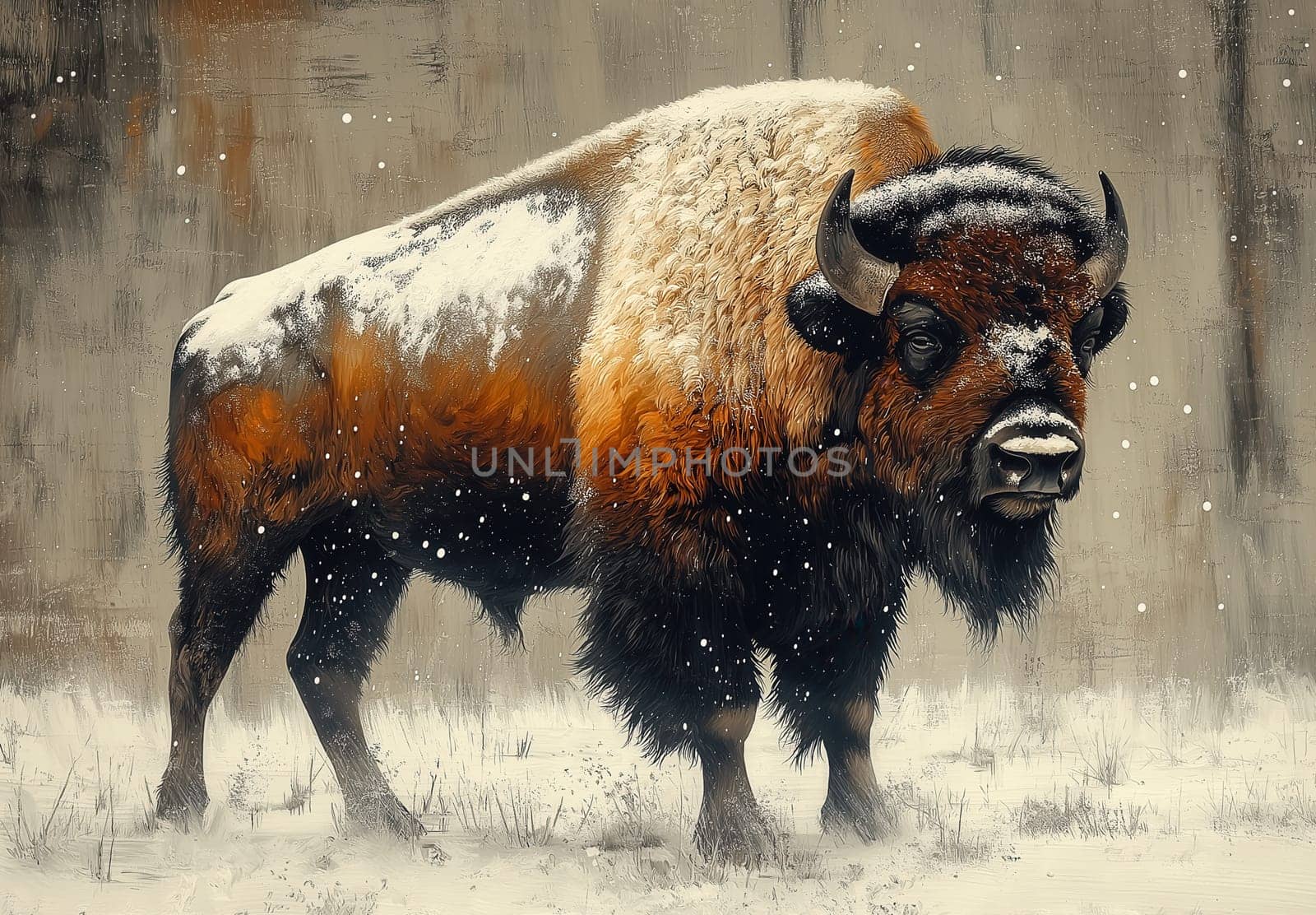 Majestic bison walking in the snow. Selective focus.