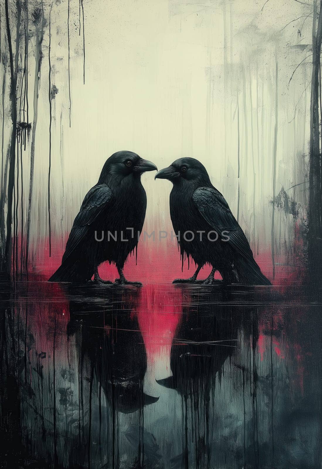 Two crows on abstract background. Selective focus.