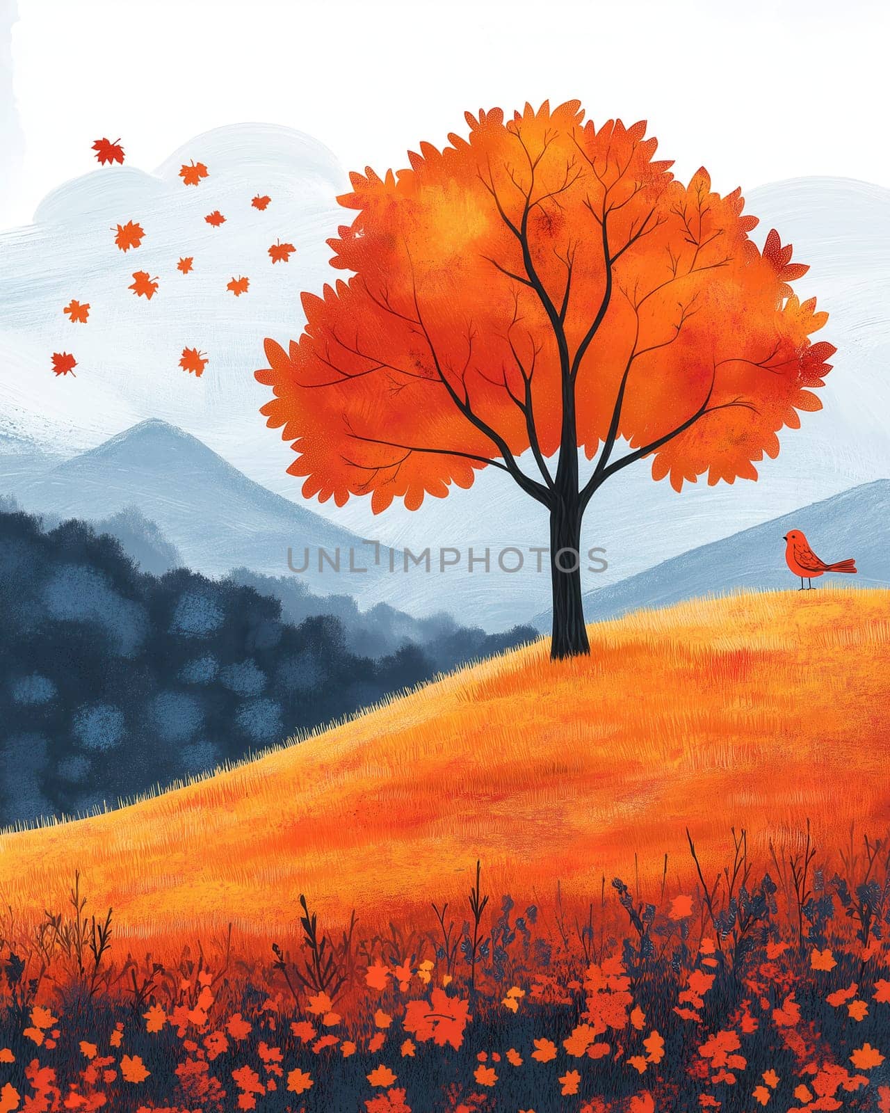 Illustration of tree with autumn leaves. Selective focus.
