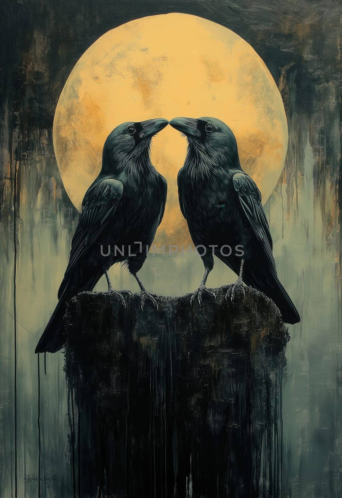 Two crows on abstract background. Selective focus.
