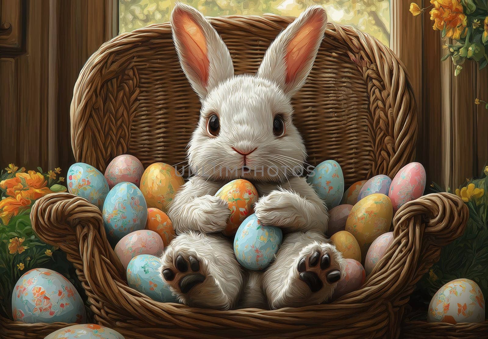 Cartoon Easter bunny and colorful eggs. Selective focus.