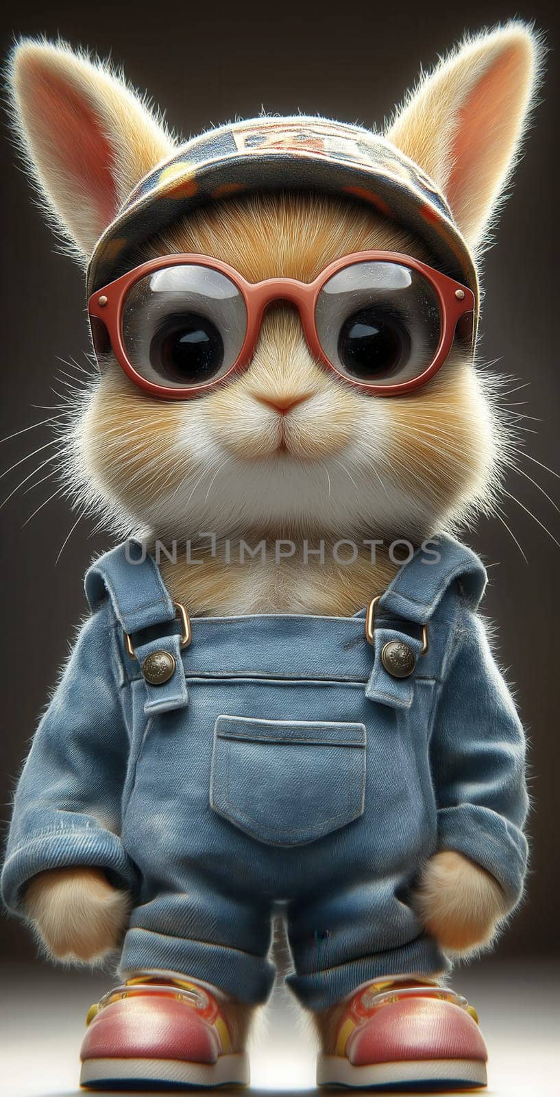 A cartoon rabbit in denim overalls. Selective focus.