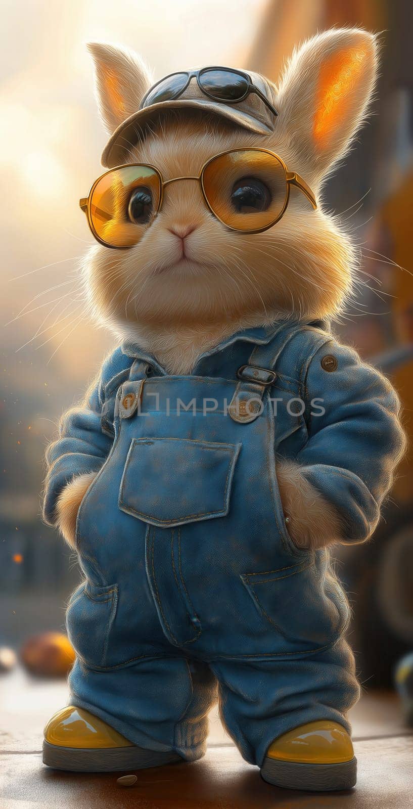 A cartoon rabbit in denim overalls. Selective focus.