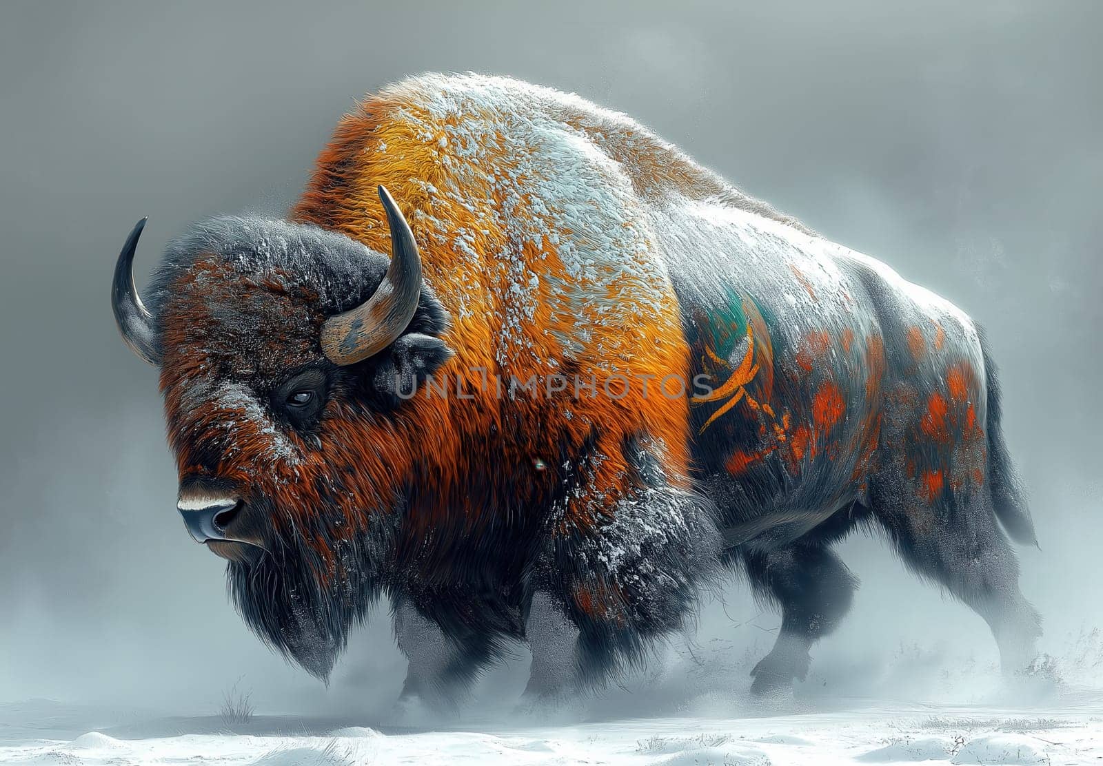 Majestic bison walking in the snow. Selective focus.