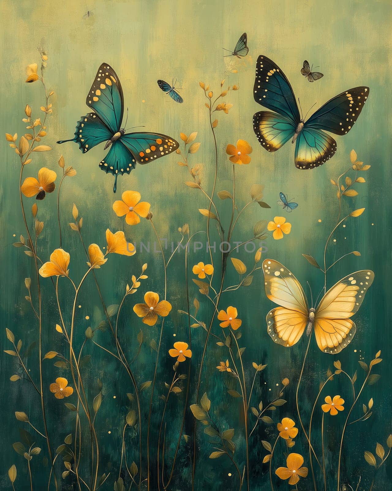 Butterflies fly over flowers on a green background. Selective focus.