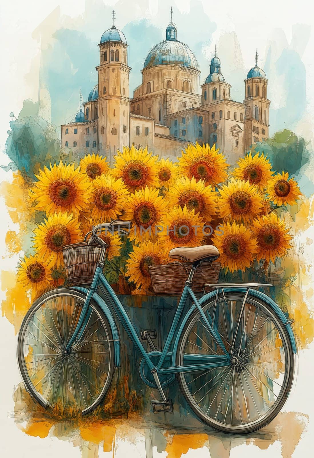 Bike with basket on cityscape and sunflowers background. Selective focus.