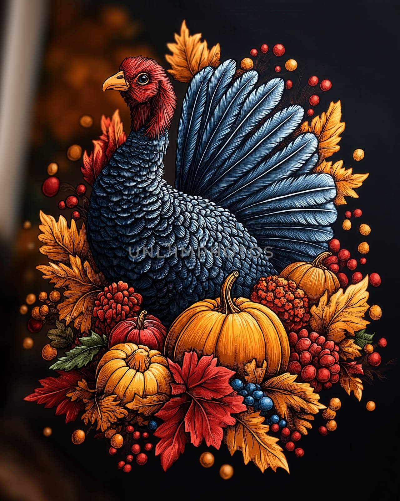 Colorful turkey with pumpkins on dark background. Selective focus.