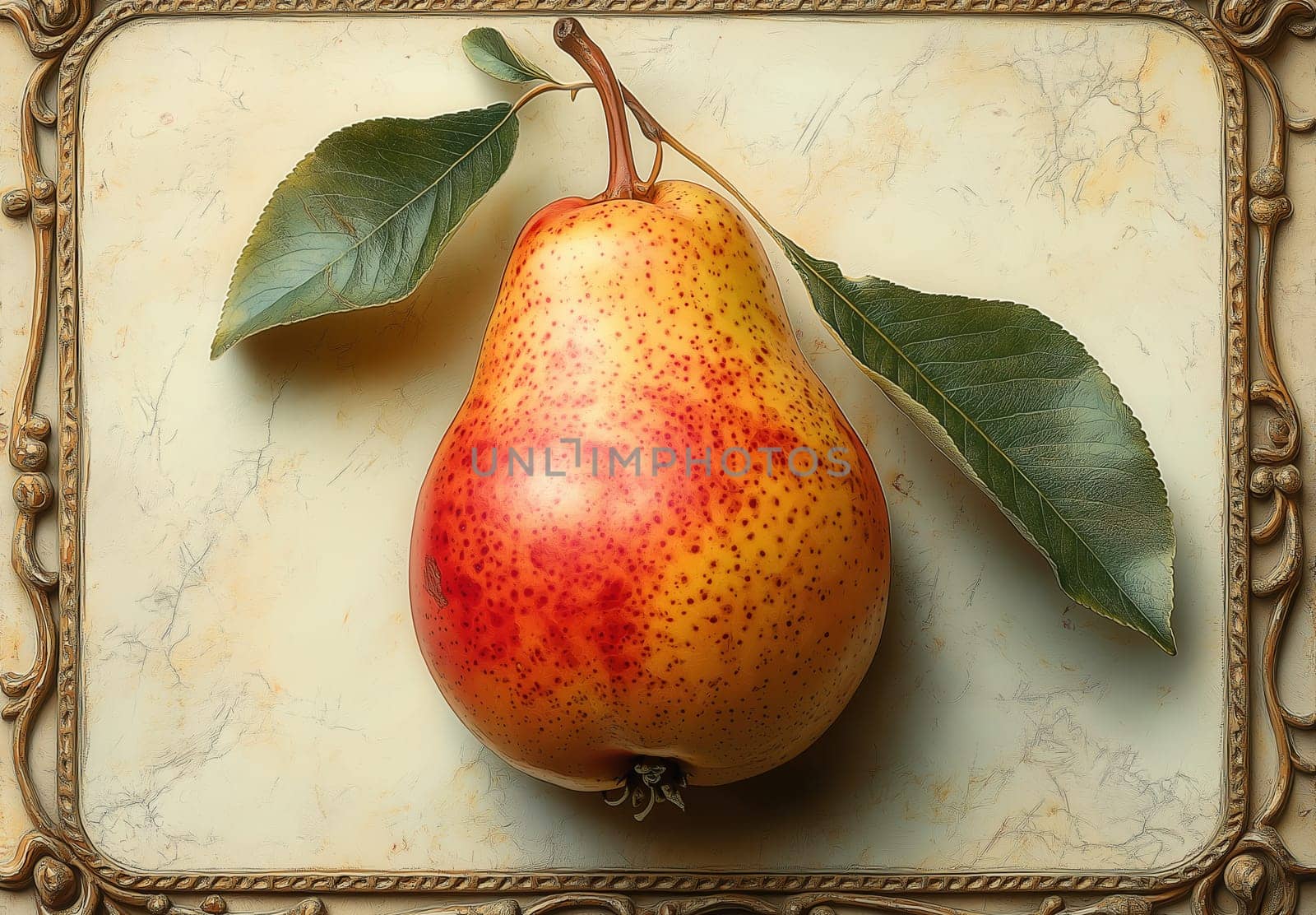 A colorful pear on a light creative background. Selective focus.