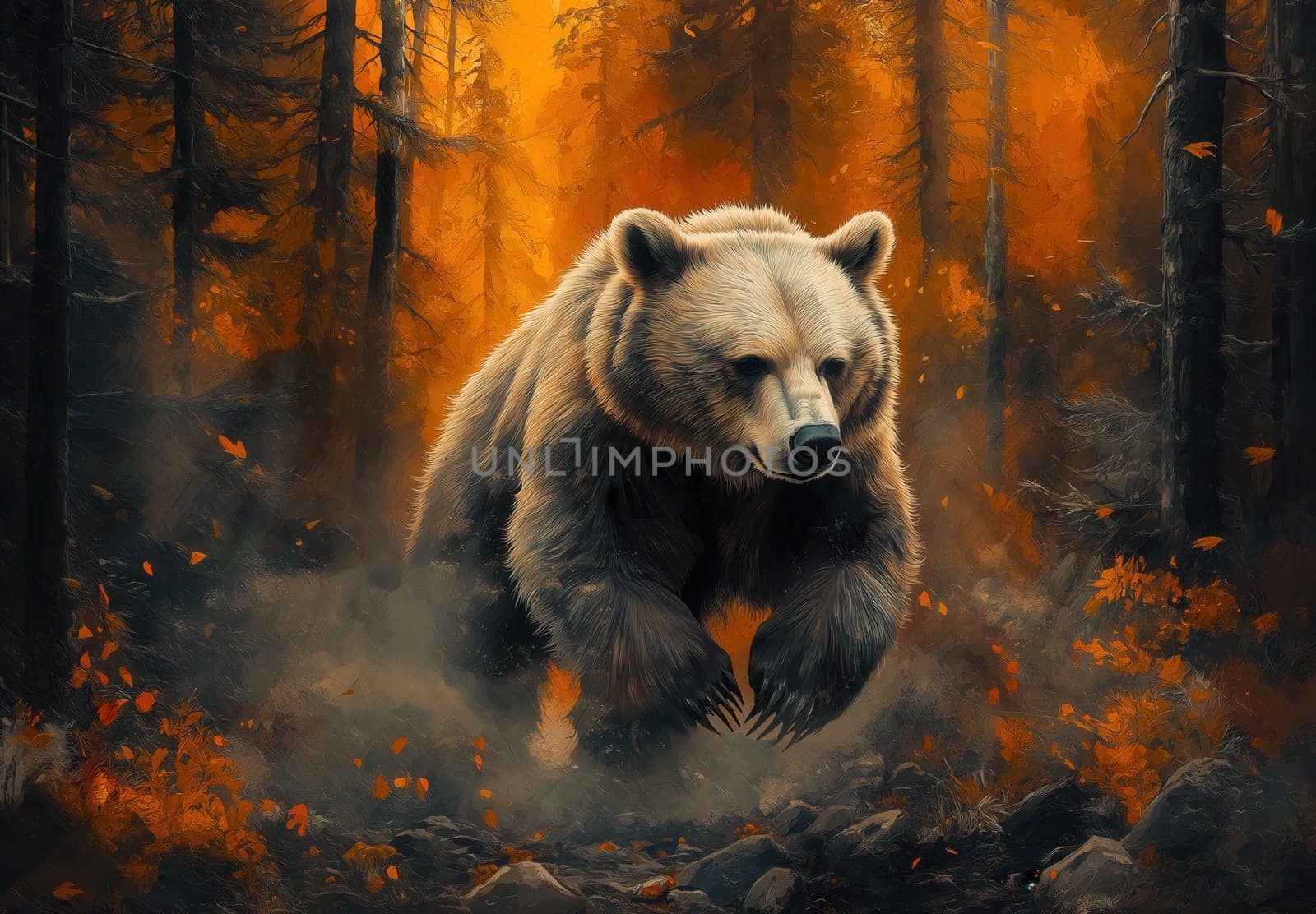 Watercolor bear running through colorful autumn forest. Selective focus.